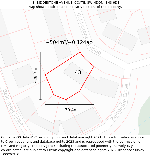 43, BIDDESTONE AVENUE, COATE, SWINDON, SN3 6DE: Plot and title map