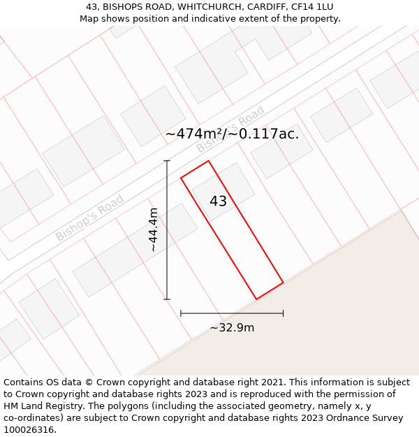 43, BISHOPS ROAD, WHITCHURCH, CARDIFF, CF14 1LU: Plot and title map