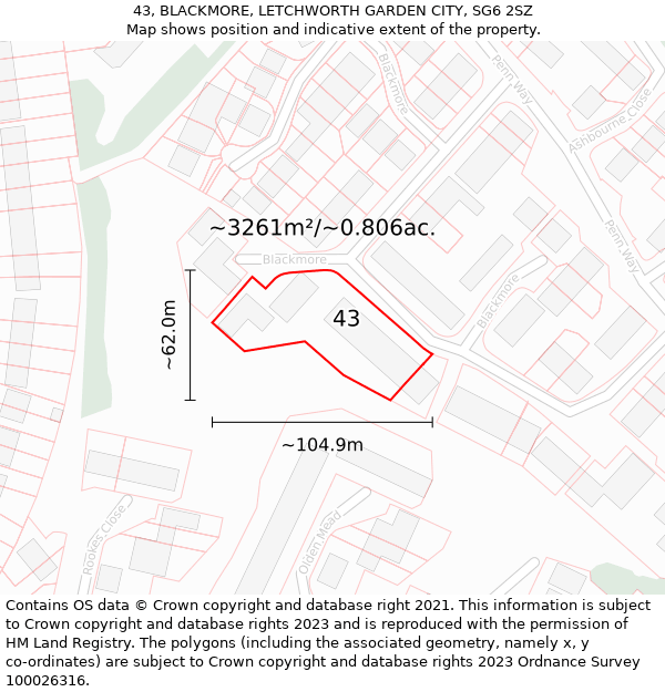 43, BLACKMORE, LETCHWORTH GARDEN CITY, SG6 2SZ: Plot and title map