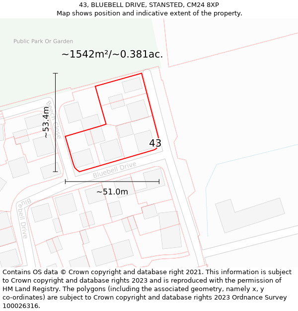 43, BLUEBELL DRIVE, STANSTED, CM24 8XP: Plot and title map