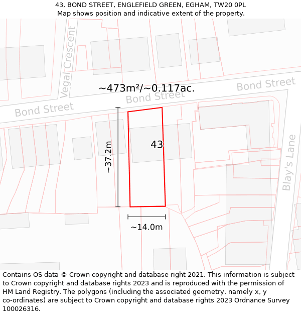 43, BOND STREET, ENGLEFIELD GREEN, EGHAM, TW20 0PL: Plot and title map