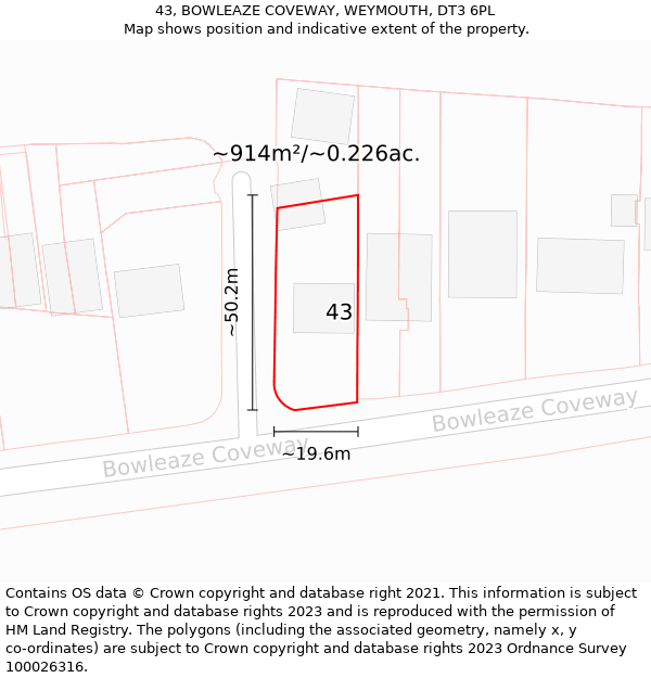 43, BOWLEAZE COVEWAY, WEYMOUTH, DT3 6PL: Plot and title map