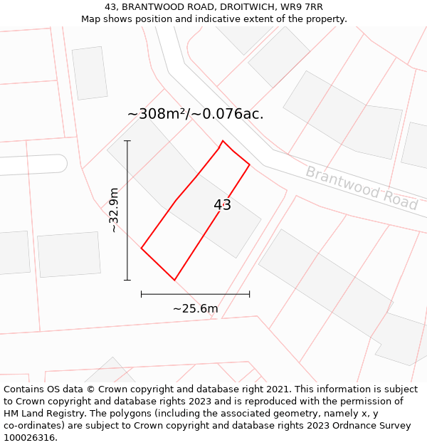 43, BRANTWOOD ROAD, DROITWICH, WR9 7RR: Plot and title map