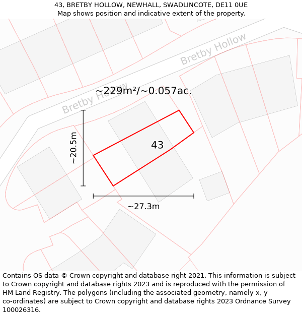 43, BRETBY HOLLOW, NEWHALL, SWADLINCOTE, DE11 0UE: Plot and title map