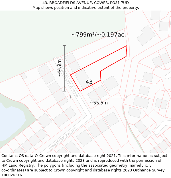 43, BROADFIELDS AVENUE, COWES, PO31 7UD: Plot and title map