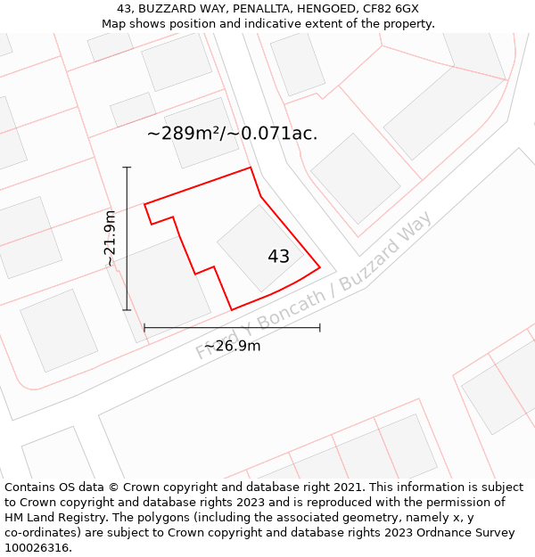 43, BUZZARD WAY, PENALLTA, HENGOED, CF82 6GX: Plot and title map