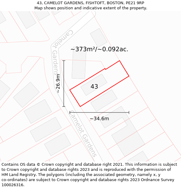 43, CAMELOT GARDENS, FISHTOFT, BOSTON, PE21 9RP: Plot and title map