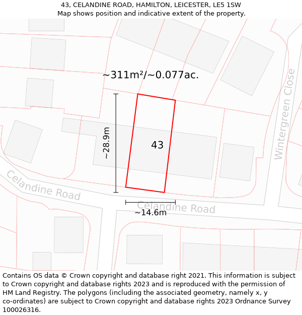 43, CELANDINE ROAD, HAMILTON, LEICESTER, LE5 1SW: Plot and title map