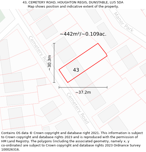 43, CEMETERY ROAD, HOUGHTON REGIS, DUNSTABLE, LU5 5DA: Plot and title map