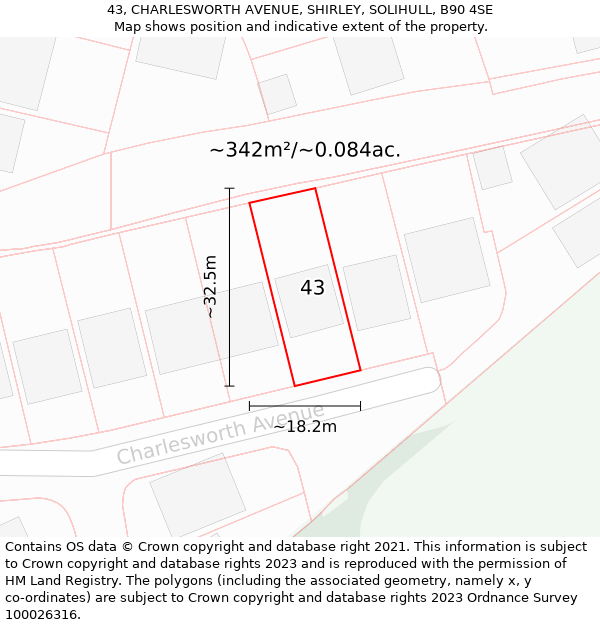 43, CHARLESWORTH AVENUE, SHIRLEY, SOLIHULL, B90 4SE: Plot and title map