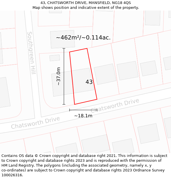 43, CHATSWORTH DRIVE, MANSFIELD, NG18 4QS: Plot and title map