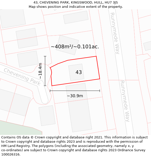 43, CHEVENING PARK, KINGSWOOD, HULL, HU7 3JS: Plot and title map