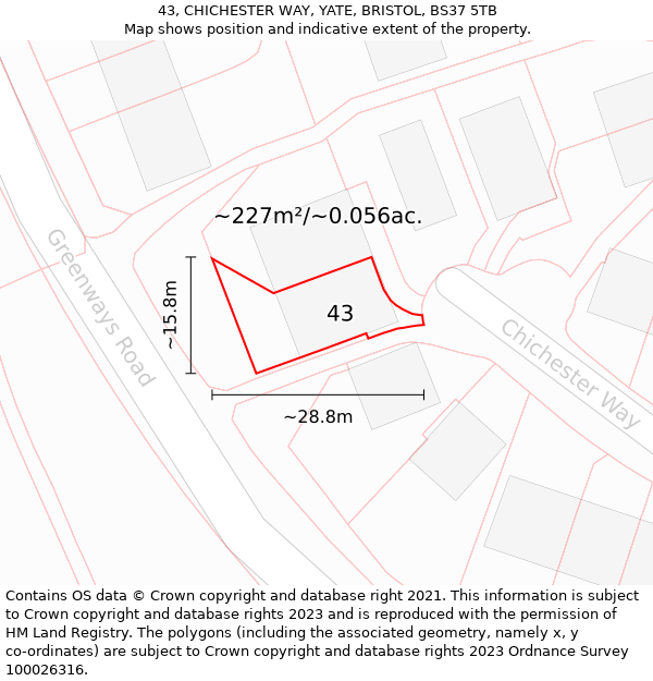 43, CHICHESTER WAY, YATE, BRISTOL, BS37 5TB: Plot and title map