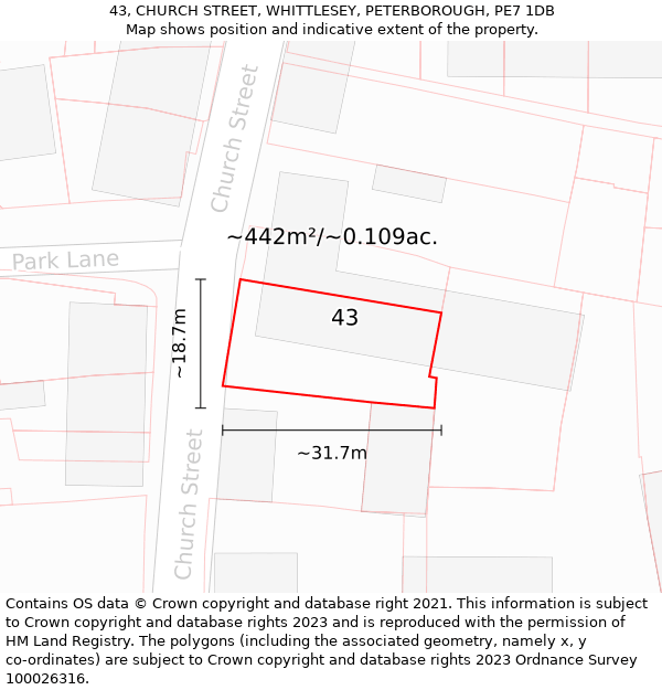 43, CHURCH STREET, WHITTLESEY, PETERBOROUGH, PE7 1DB: Plot and title map