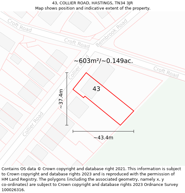 43, COLLIER ROAD, HASTINGS, TN34 3JR: Plot and title map