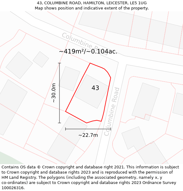 43, COLUMBINE ROAD, HAMILTON, LEICESTER, LE5 1UG: Plot and title map