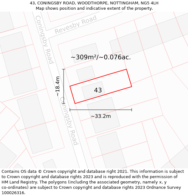 43, CONINGSBY ROAD, WOODTHORPE, NOTTINGHAM, NG5 4LH: Plot and title map