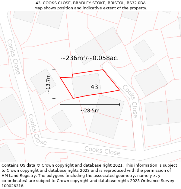 43, COOKS CLOSE, BRADLEY STOKE, BRISTOL, BS32 0BA: Plot and title map