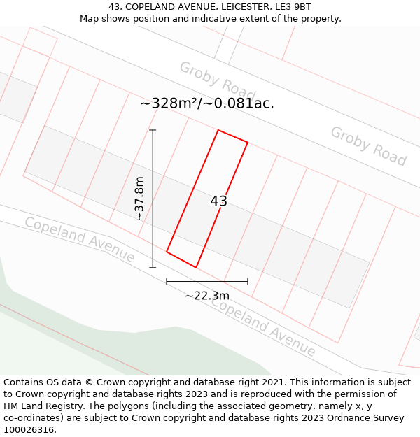 43, COPELAND AVENUE, LEICESTER, LE3 9BT: Plot and title map