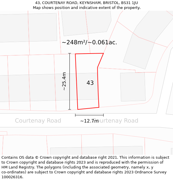 43, COURTENAY ROAD, KEYNSHAM, BRISTOL, BS31 1JU: Plot and title map