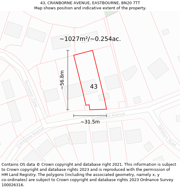 43, CRANBORNE AVENUE, EASTBOURNE, BN20 7TT: Plot and title map