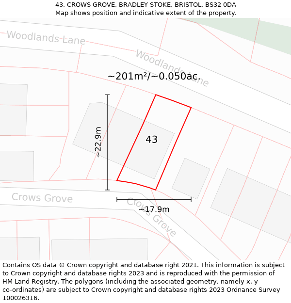 43, CROWS GROVE, BRADLEY STOKE, BRISTOL, BS32 0DA: Plot and title map