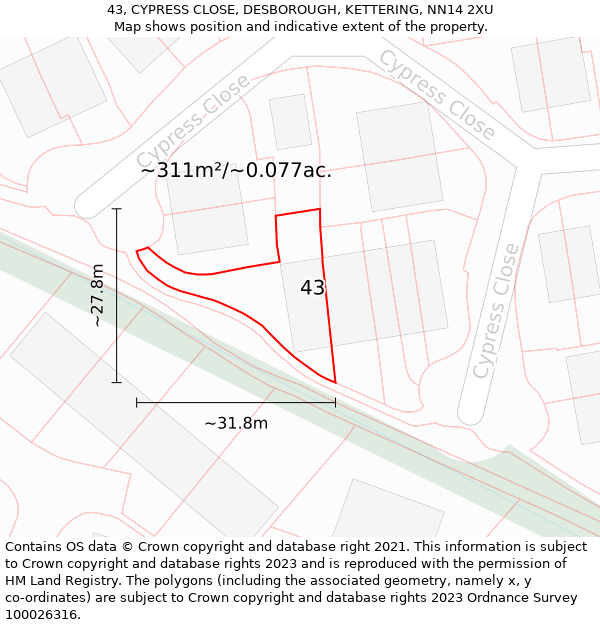 43, CYPRESS CLOSE, DESBOROUGH, KETTERING, NN14 2XU: Plot and title map