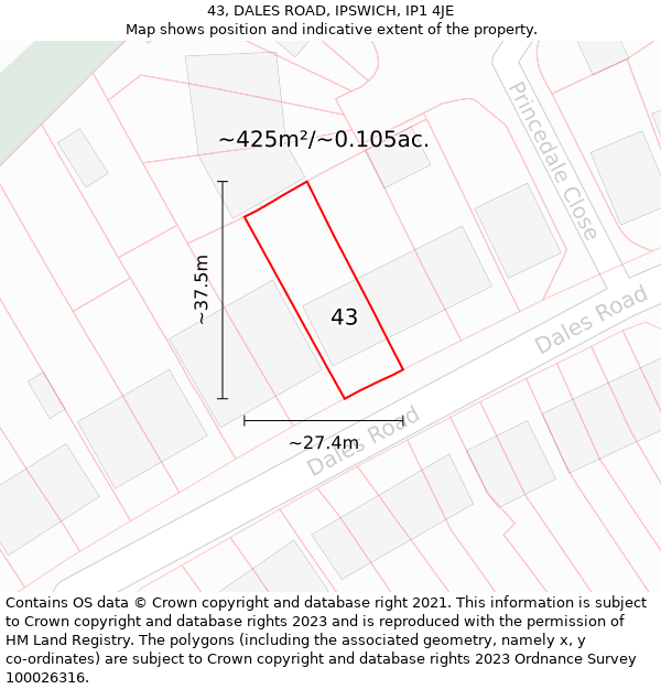 43, DALES ROAD, IPSWICH, IP1 4JE: Plot and title map
