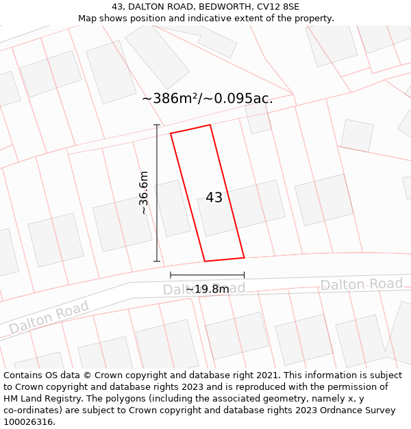 43, DALTON ROAD, BEDWORTH, CV12 8SE: Plot and title map