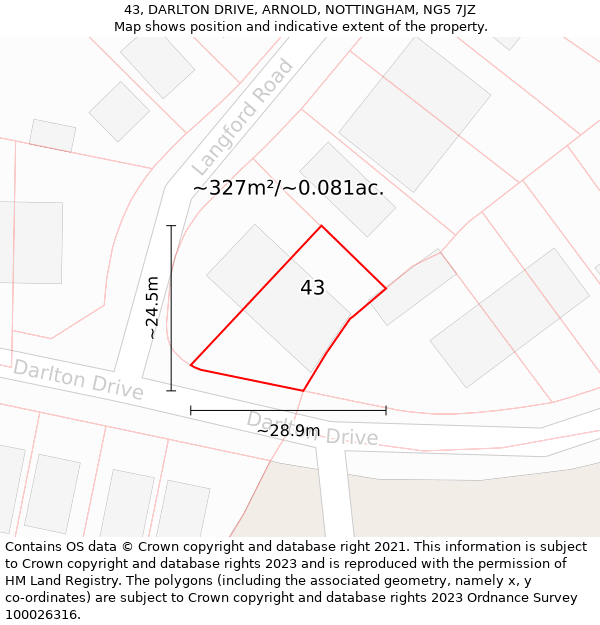 43, DARLTON DRIVE, ARNOLD, NOTTINGHAM, NG5 7JZ: Plot and title map