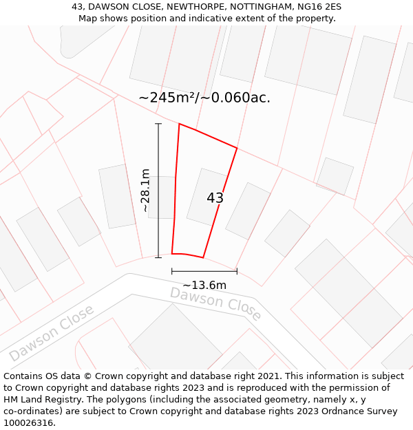 43, DAWSON CLOSE, NEWTHORPE, NOTTINGHAM, NG16 2ES: Plot and title map