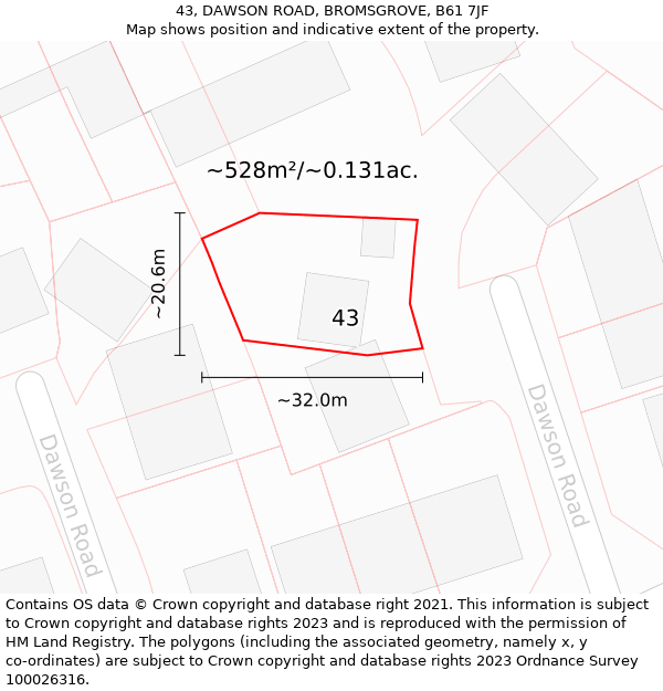 43, DAWSON ROAD, BROMSGROVE, B61 7JF: Plot and title map