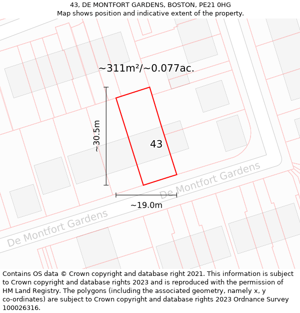 43, DE MONTFORT GARDENS, BOSTON, PE21 0HG: Plot and title map