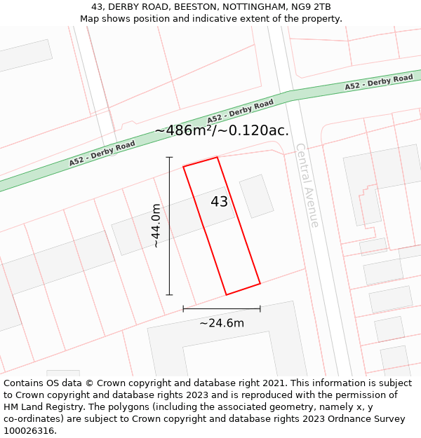 43, DERBY ROAD, BEESTON, NOTTINGHAM, NG9 2TB: Plot and title map