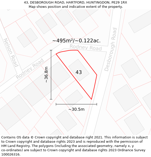 43, DESBOROUGH ROAD, HARTFORD, HUNTINGDON, PE29 1RX: Plot and title map