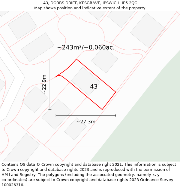 43, DOBBS DRIFT, KESGRAVE, IPSWICH, IP5 2QG: Plot and title map