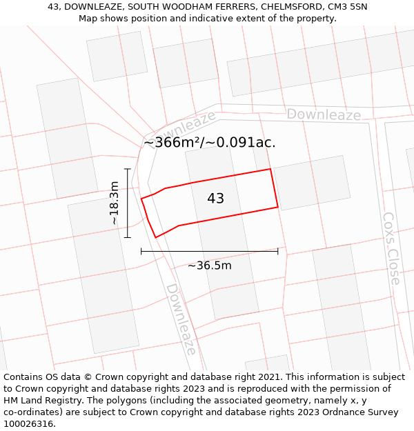 43, DOWNLEAZE, SOUTH WOODHAM FERRERS, CHELMSFORD, CM3 5SN: Plot and title map