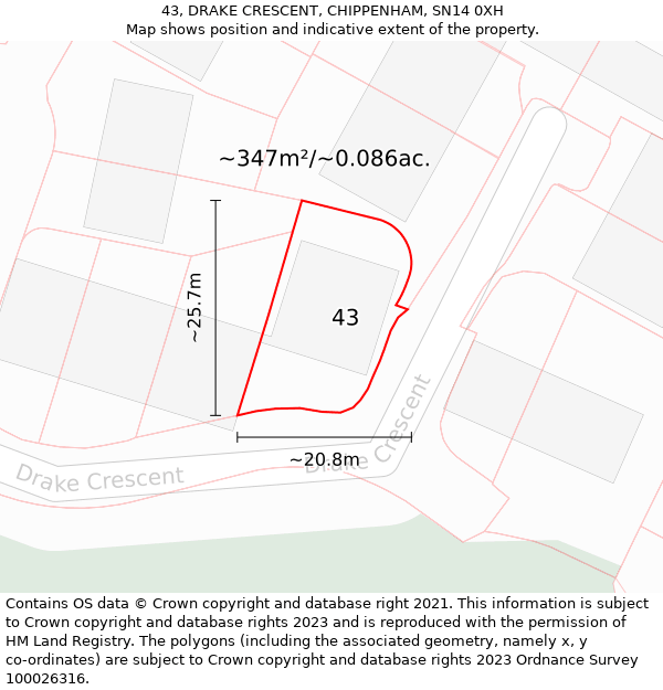 43, DRAKE CRESCENT, CHIPPENHAM, SN14 0XH: Plot and title map