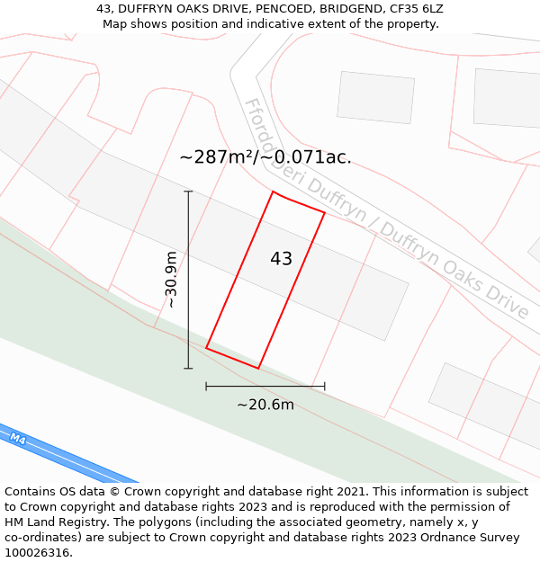 43, DUFFRYN OAKS DRIVE, PENCOED, BRIDGEND, CF35 6LZ: Plot and title map