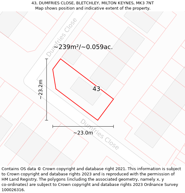 43, DUMFRIES CLOSE, BLETCHLEY, MILTON KEYNES, MK3 7NT: Plot and title map