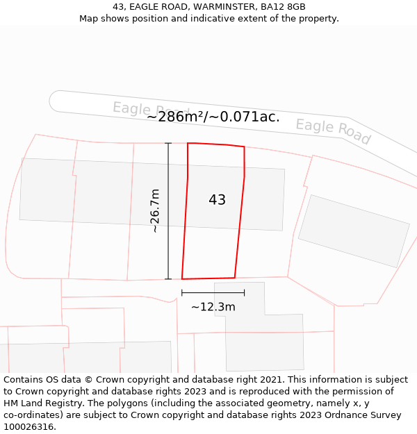 43, EAGLE ROAD, WARMINSTER, BA12 8GB: Plot and title map