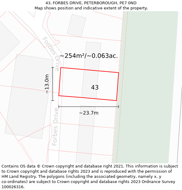 43, FORBES DRIVE, PETERBOROUGH, PE7 0ND: Plot and title map