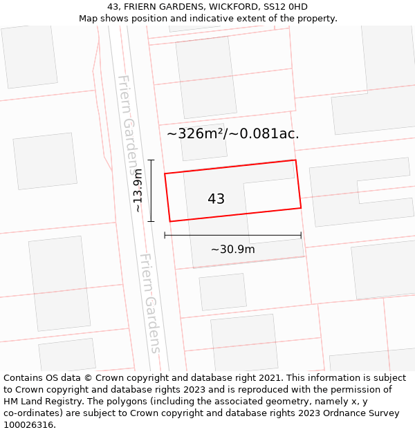 43, FRIERN GARDENS, WICKFORD, SS12 0HD: Plot and title map