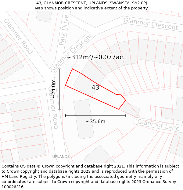 43, GLANMOR CRESCENT, UPLANDS, SWANSEA, SA2 0PJ: Plot and title map