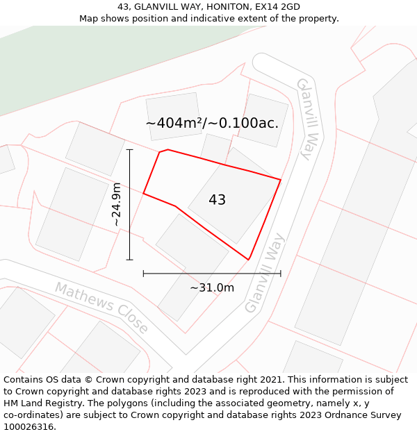 43, GLANVILL WAY, HONITON, EX14 2GD: Plot and title map