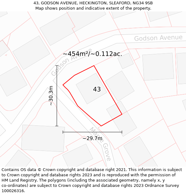 43, GODSON AVENUE, HECKINGTON, SLEAFORD, NG34 9SB: Plot and title map