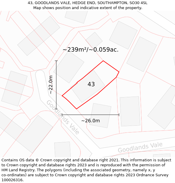 43, GOODLANDS VALE, HEDGE END, SOUTHAMPTON, SO30 4SL: Plot and title map