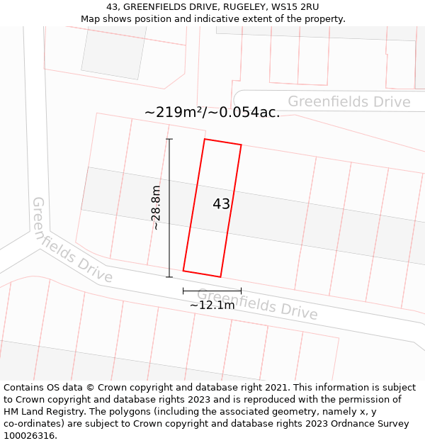 43, GREENFIELDS DRIVE, RUGELEY, WS15 2RU: Plot and title map