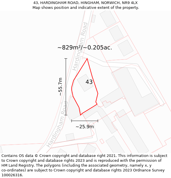 43, HARDINGHAM ROAD, HINGHAM, NORWICH, NR9 4LX: Plot and title map