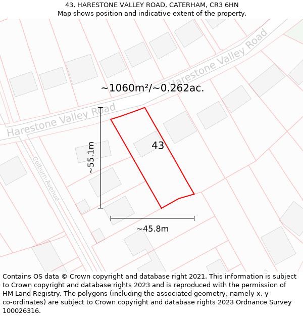 43, HARESTONE VALLEY ROAD, CATERHAM, CR3 6HN: Plot and title map